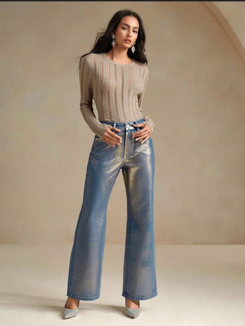 PULL&Bear Women's Metallic-Gold
Effect Loose Fit Wide Leg Jeans